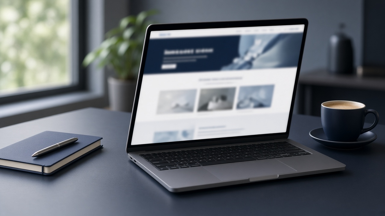 Laptop showing a business website mockup for a WordPress project